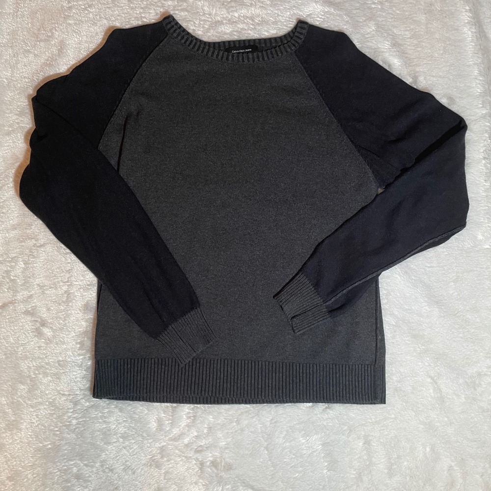 Calvin Klein Jeans Men XL Gray Black Raglan Cotton Knit Sweater Streetwear Retro